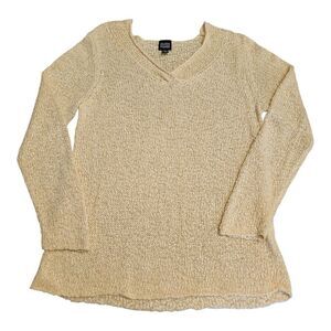 NWOT Eileen Fisher Linen Blend‎ Italian Yarn V-Neckline Sweater Medium Yellow